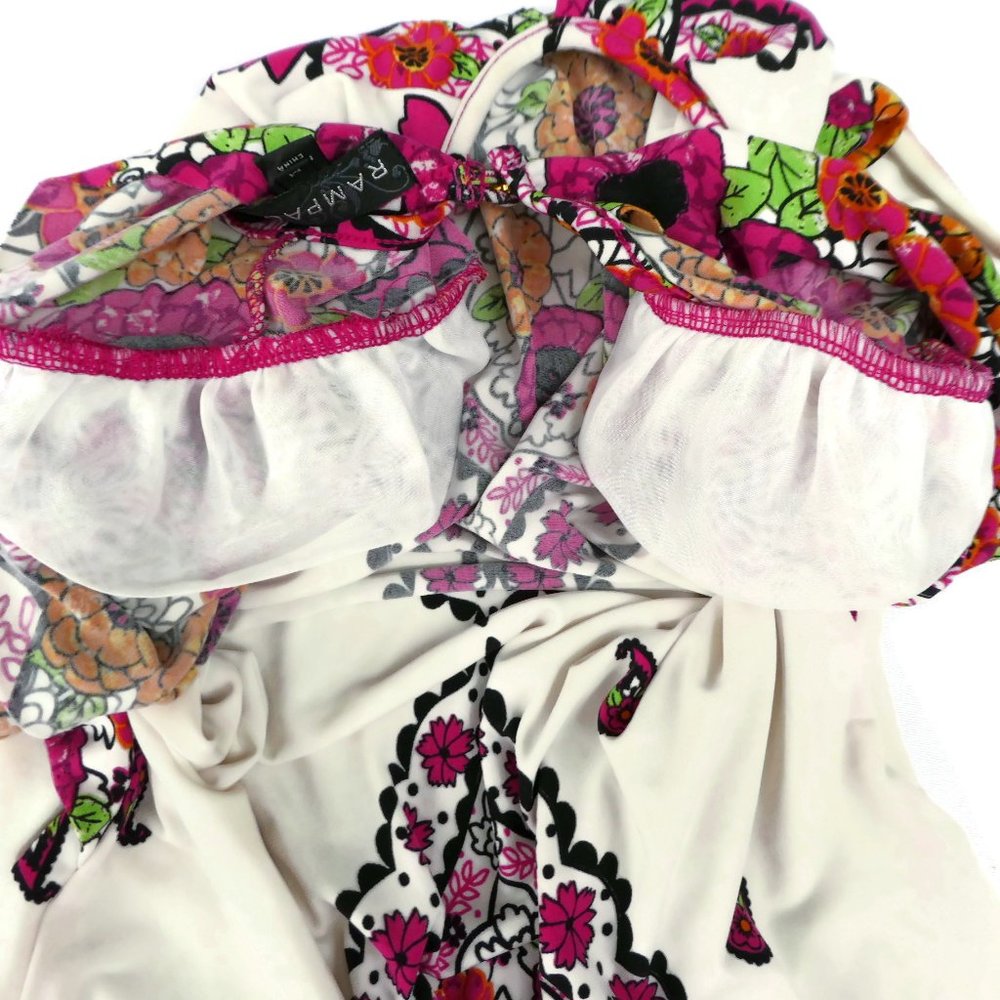 Vintage Rampage Dress Marrakesh Pleated Neck Draped Back Cutout Floral Vibrant M - Picture 8 of 12
